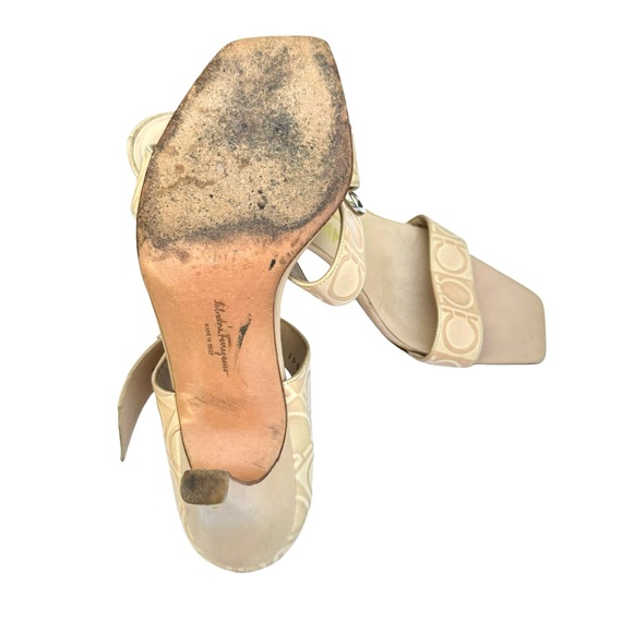 Salvatore Ferragamo Beige Signature Pattern Leather Heeled Buckle Sandal Women’s - Picture 15 of 17